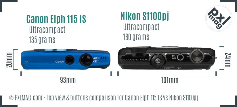 Canon Elph 115 IS vs Nikon S1100pj top view buttons comparison