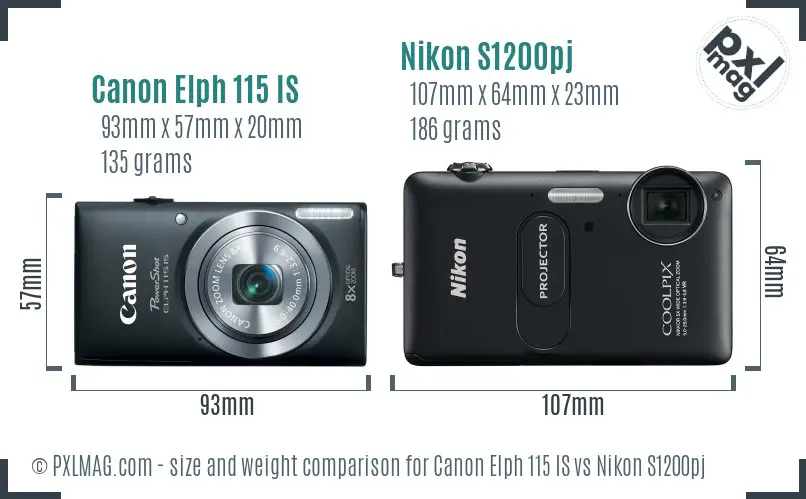 Canon Elph 115 IS vs Nikon S1200pj size comparison