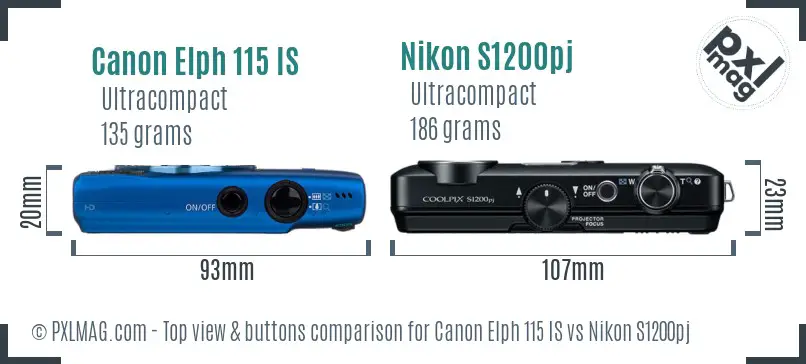 Canon Elph 115 IS vs Nikon S1200pj top view buttons comparison