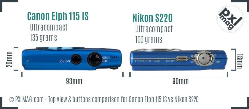 Canon Elph 115 IS vs Nikon S220 top view buttons comparison