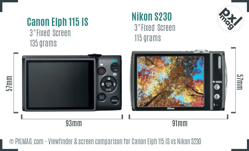 Canon Elph 115 IS vs Nikon S230 Screen and Viewfinder comparison