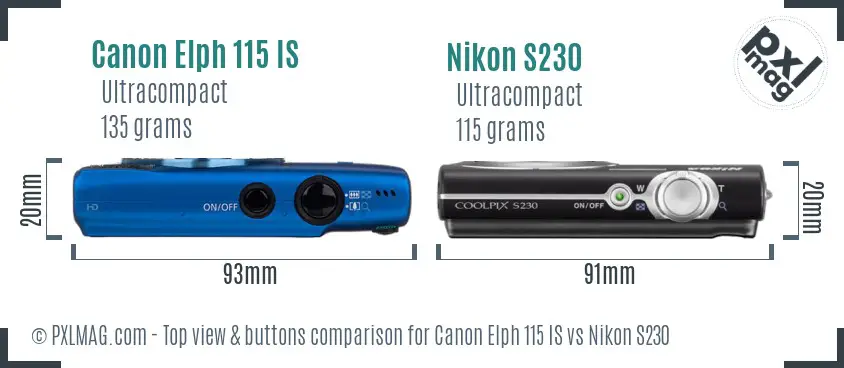 Canon Elph 115 IS vs Nikon S230 top view buttons comparison