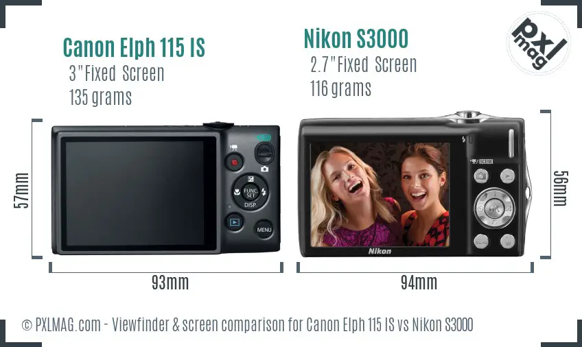 Canon Elph 115 IS vs Nikon S3000 Screen and Viewfinder comparison