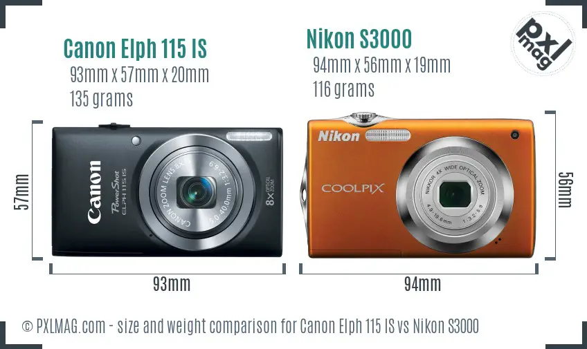 Canon Elph 115 IS vs Nikon S3000 size comparison