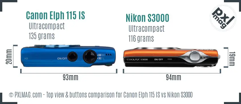 Canon Elph 115 IS vs Nikon S3000 top view buttons comparison