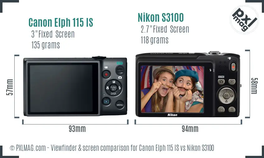 Canon Elph 115 IS vs Nikon S3100 Screen and Viewfinder comparison