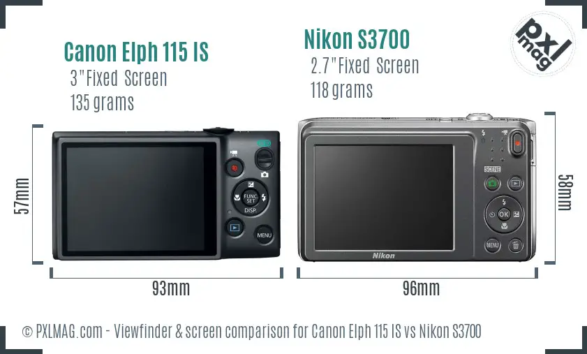 Canon Elph 115 IS vs Nikon S3700 Screen and Viewfinder comparison
