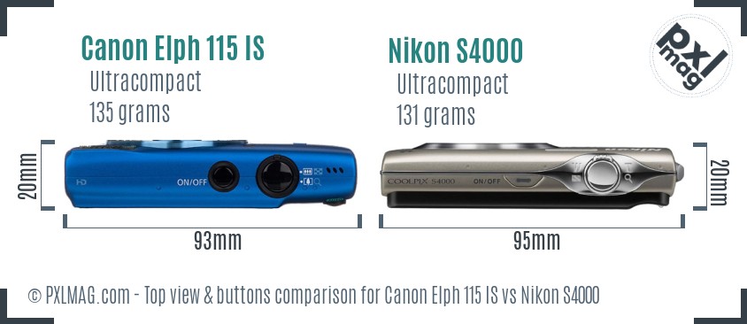 Canon Elph 115 IS vs Nikon S4000 top view buttons comparison