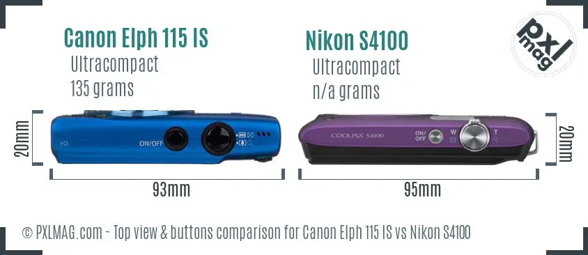 Canon Elph 115 IS vs Nikon S4100 top view buttons comparison