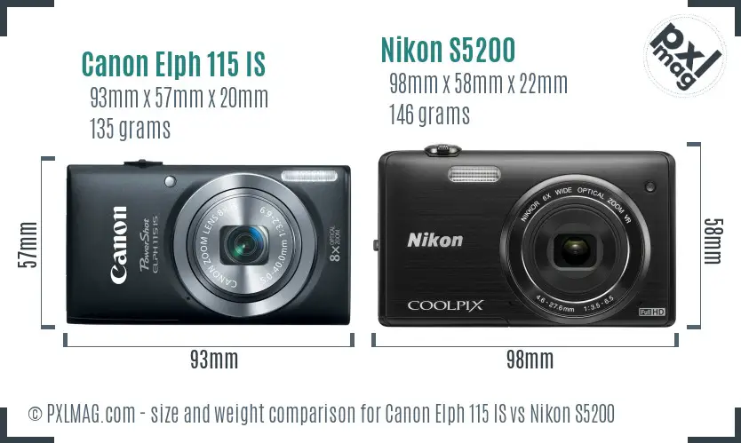 Canon Elph 115 IS vs Nikon S5200 size comparison