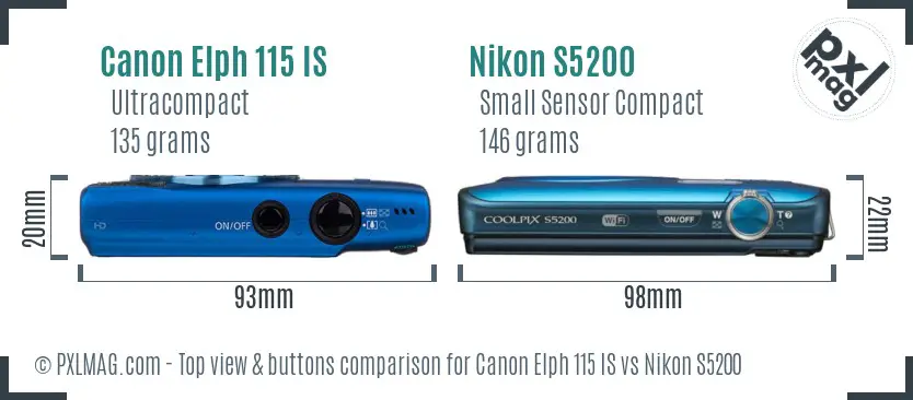 Canon Elph 115 IS vs Nikon S5200 top view buttons comparison
