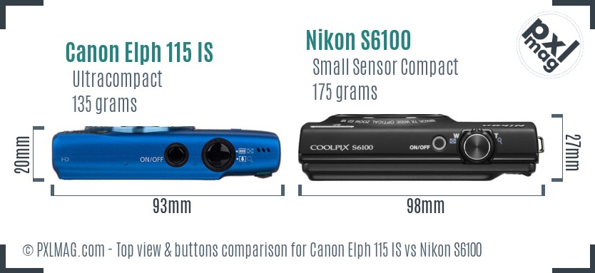 Canon Elph 115 IS vs Nikon S6100 top view buttons comparison