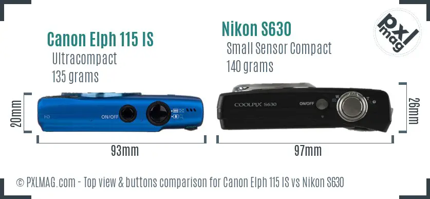 Canon Elph 115 IS vs Nikon S630 top view buttons comparison