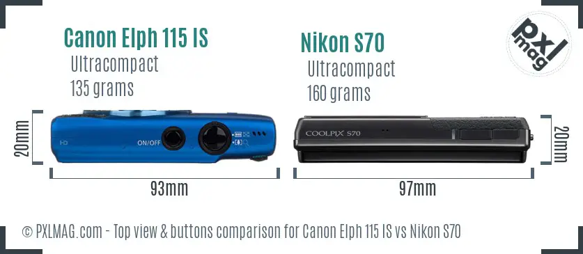 Canon Elph 115 IS vs Nikon S70 top view buttons comparison