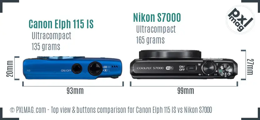 Canon Elph 115 IS vs Nikon S7000 top view buttons comparison