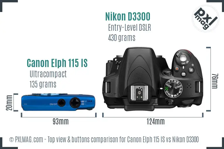Canon Elph 115 IS vs Nikon D3300 top view buttons comparison Canon Elph 115 IS vs Nikon D3300 top view buttons comparison