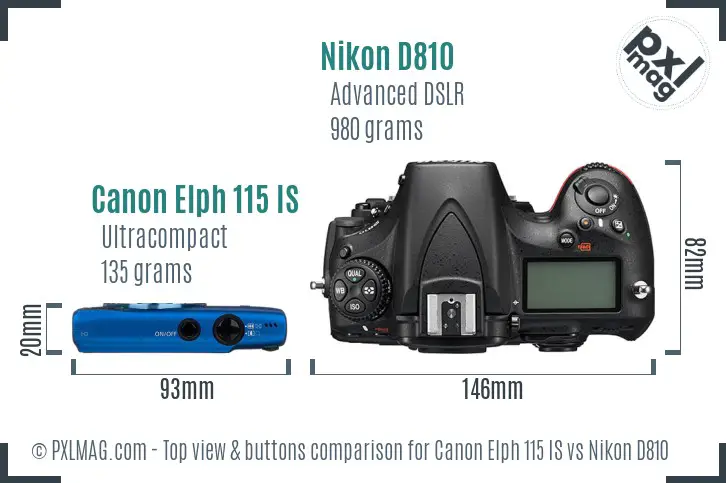 Canon Elph 115 IS vs Nikon D810 top view buttons comparison Canon Elph 115 IS vs Nikon D810 top view buttons comparison