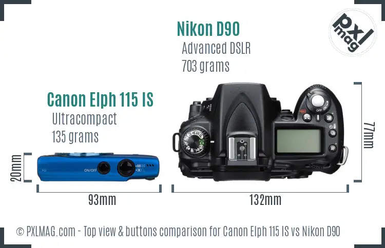 Canon Elph 115 IS vs Nikon D90 top view buttons comparison