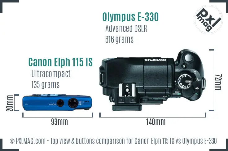 Canon Elph 115 IS vs Olympus E-330 top view buttons comparison Canon Elph 115 IS vs Olympus E-330 top view buttons comparison