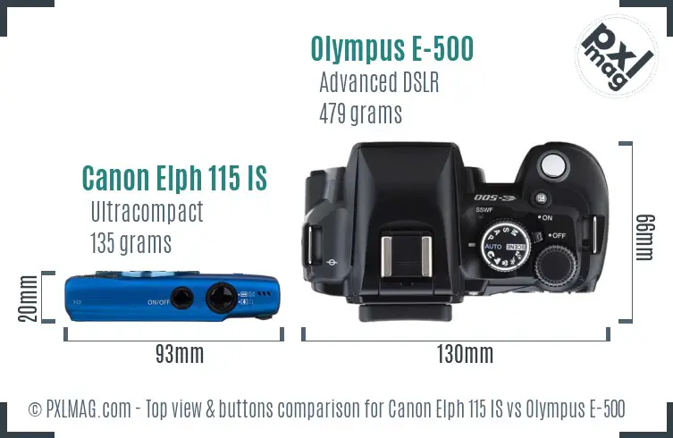 Canon Elph 115 IS vs Olympus E-500 top view buttons comparison Canon Elph 115 IS vs Olympus E-500 top view buttons comparison