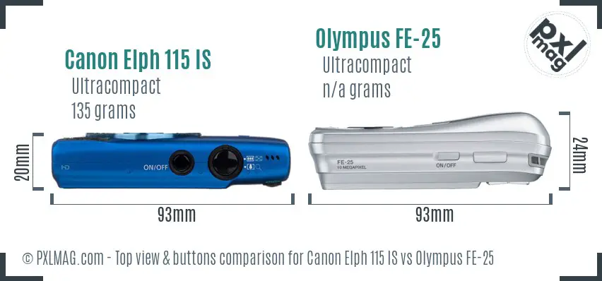 Canon Elph 115 IS vs Olympus FE-25 top view buttons comparison