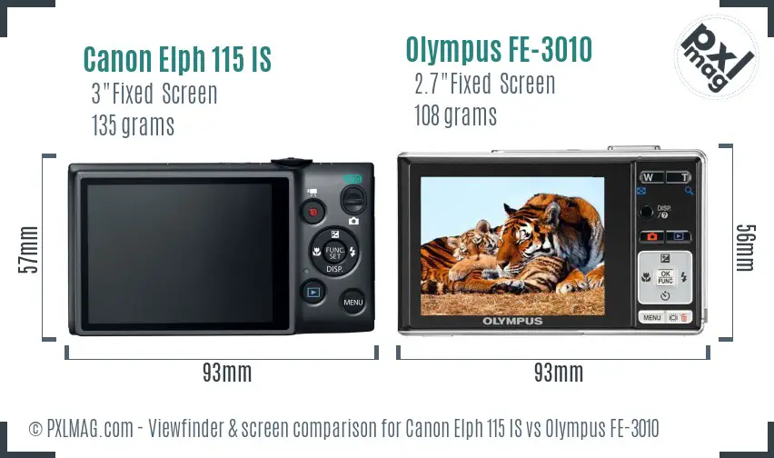 Canon Elph 115 IS vs Olympus FE-3010 Screen and Viewfinder comparison