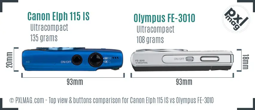 Canon Elph 115 IS vs Olympus FE-3010 top view buttons comparison