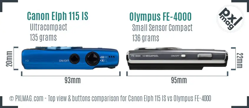 Canon Elph 115 IS vs Olympus FE-4000 top view buttons comparison