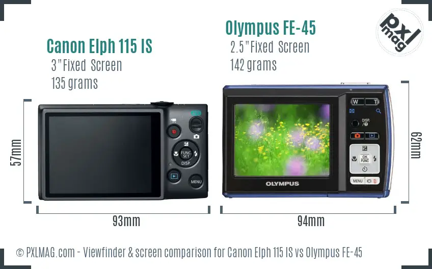 Canon Elph 115 IS vs Olympus FE-45 Screen and Viewfinder comparison