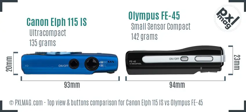 Canon Elph 115 IS vs Olympus FE-45 top view buttons comparison