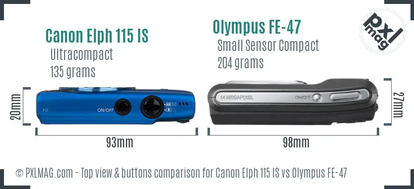 Canon Elph 115 IS vs Olympus FE-47 top view buttons comparison Canon Elph 115 IS vs Olympus FE-47 top view buttons comparison