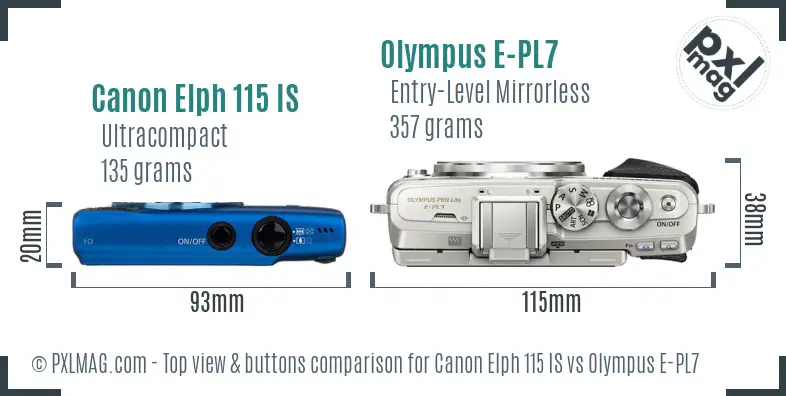 Canon Elph 115 IS vs Olympus E-PL7 top view buttons comparison