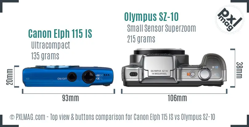 Canon Elph 115 IS vs Olympus SZ-10 top view buttons comparison