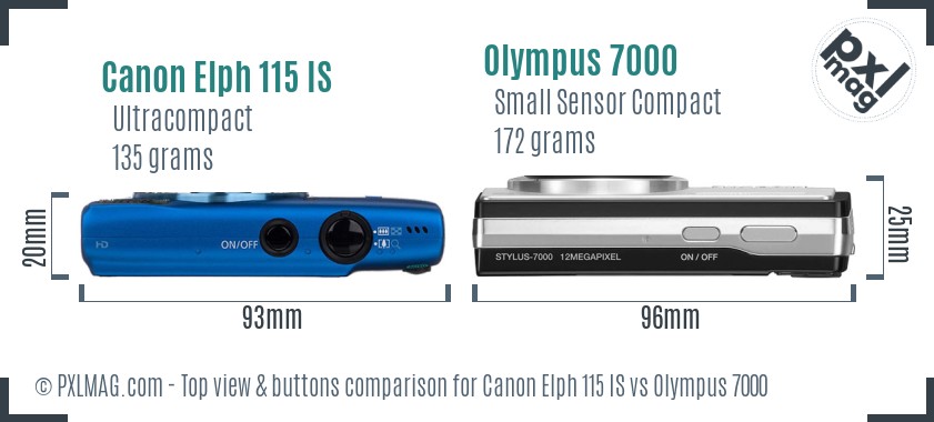 Canon Elph 115 IS vs Olympus 7000 top view buttons comparison