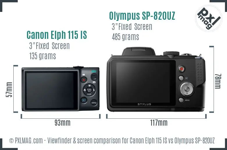 Canon Elph 115 IS vs Olympus SP-820UZ Screen and Viewfinder comparison