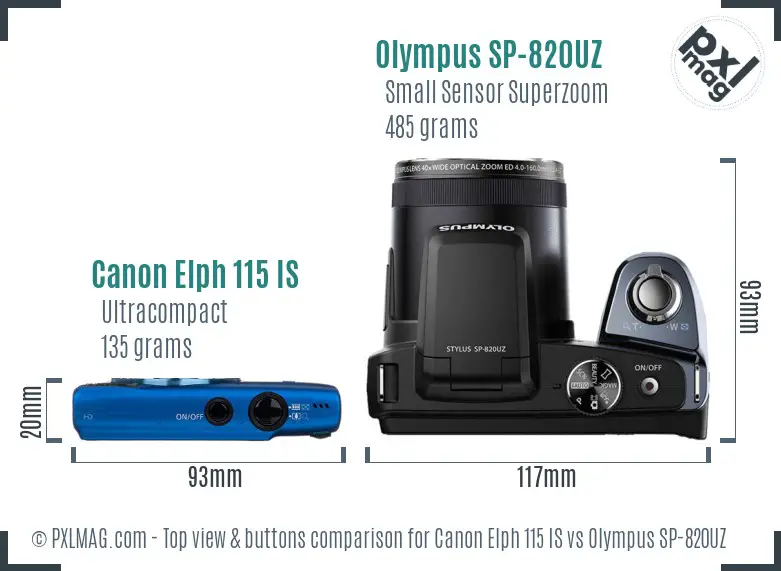 Canon Elph 115 IS vs Olympus SP-820UZ top view buttons comparison