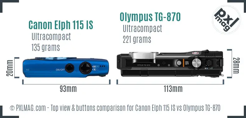 Canon Elph 115 IS vs Olympus TG-870 top view buttons comparison