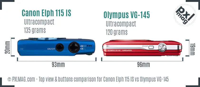 Canon Elph 115 IS vs Olympus VG-145 top view buttons comparison