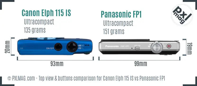 Canon Elph 115 IS vs Panasonic FP1 top view buttons comparison