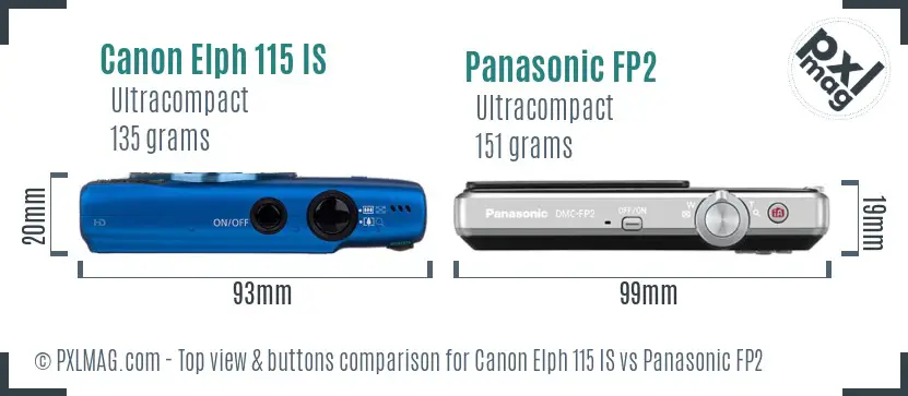 Canon Elph 115 IS vs Panasonic FP2 top view buttons comparison