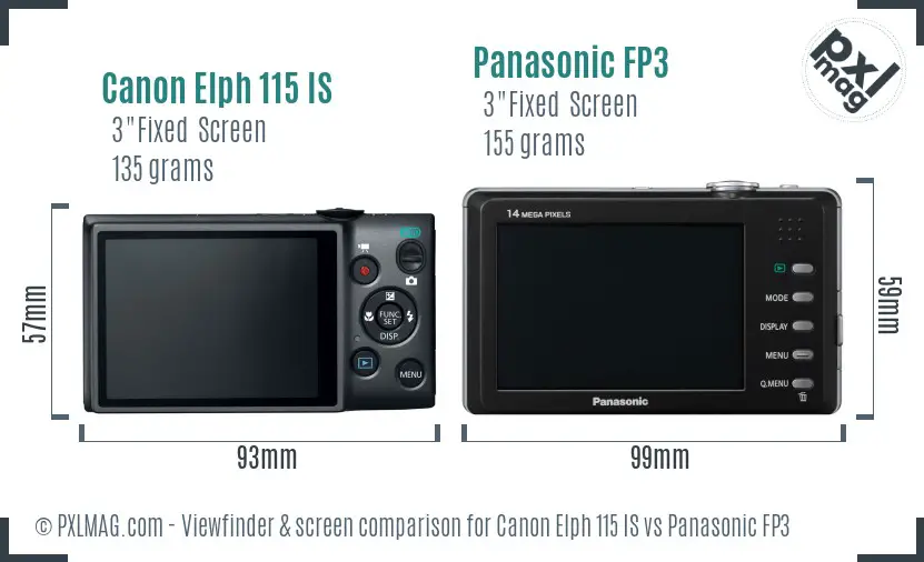 Canon Elph 115 IS vs Panasonic FP3 Screen and Viewfinder comparison