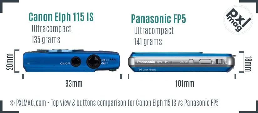 Canon Elph 115 IS vs Panasonic FP5 top view buttons comparison
