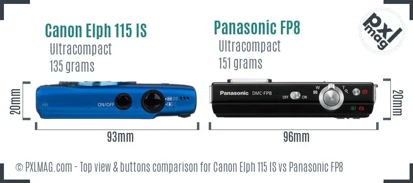 Canon Elph 115 IS vs Panasonic FP8 top view buttons comparison