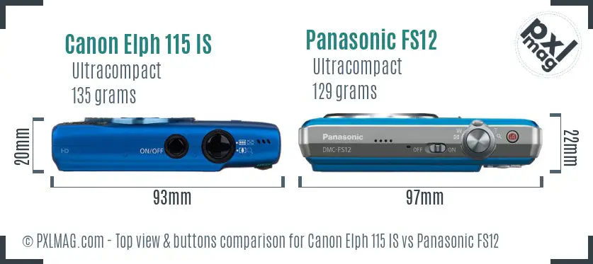 Canon Elph 115 IS vs Panasonic FS12 top view buttons comparison