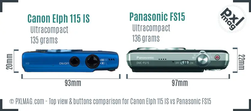 Canon Elph 115 IS vs Panasonic FS15 top view buttons comparison