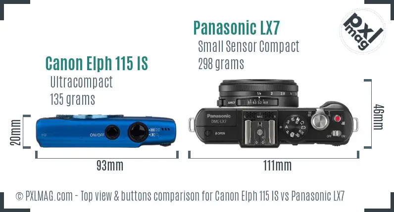 Canon Elph 115 IS vs Panasonic LX7 top view buttons comparison Canon Elph 115 IS vs Panasonic LX7 top view buttons comparison