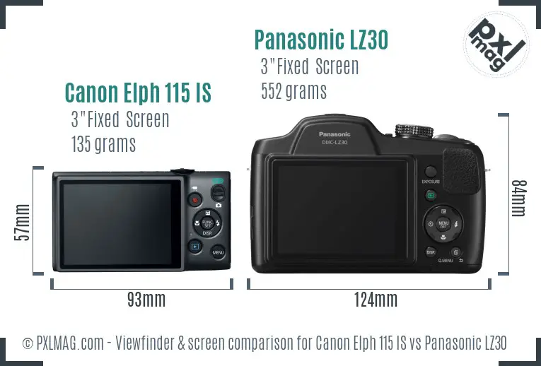 Canon Elph 115 IS vs Panasonic LZ30 Screen and Viewfinder comparison
