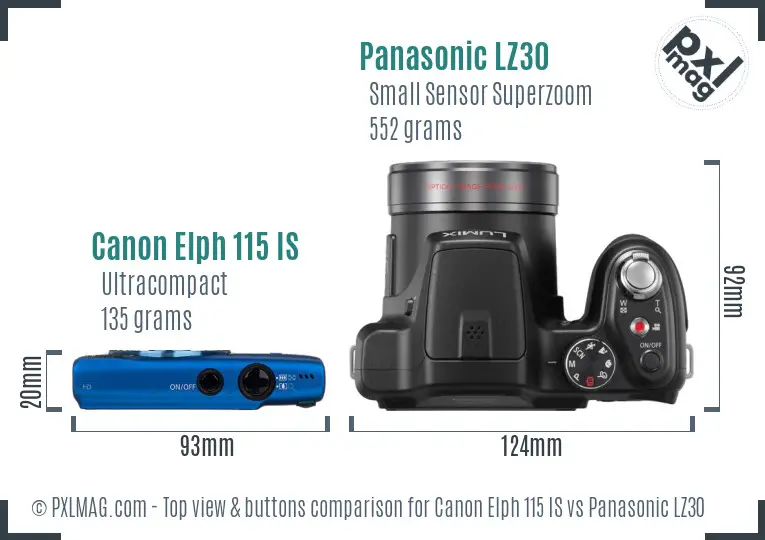 Canon Elph 115 IS vs Panasonic LZ30 top view buttons comparison