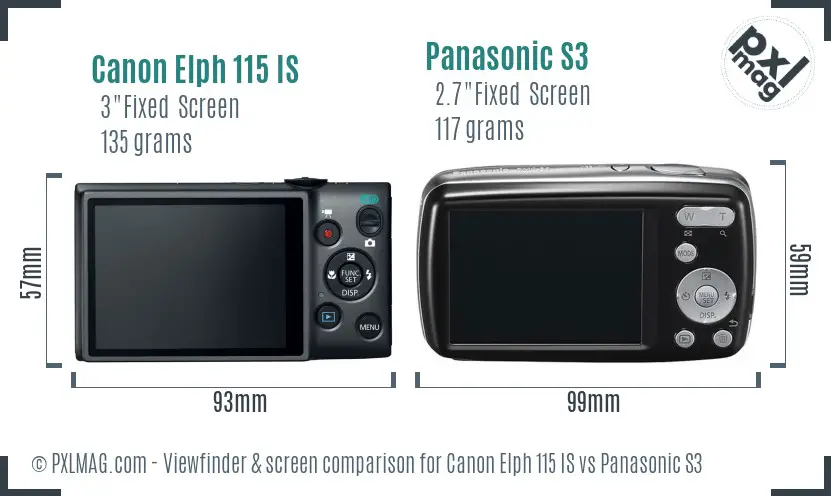 Canon Elph 115 IS vs Panasonic S3 Screen and Viewfinder comparison