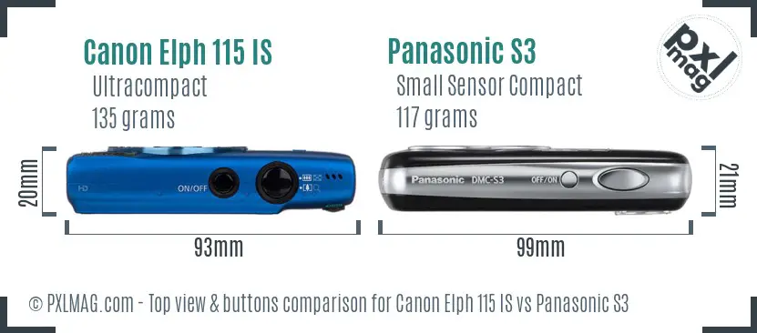 Canon Elph 115 IS vs Panasonic S3 top view buttons comparison